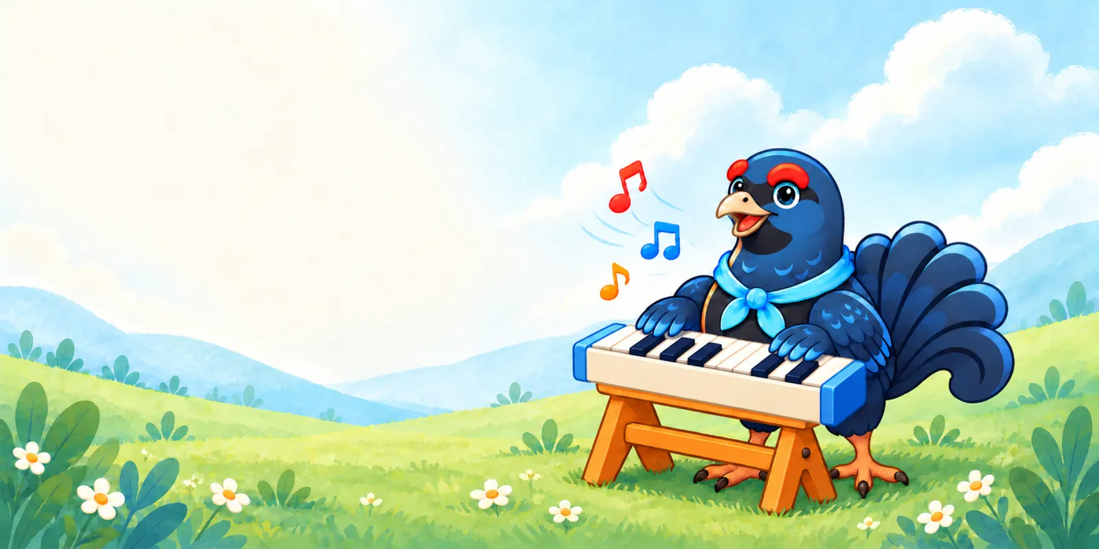 The Music Grouse, a dark blue bird with a light-blue neckerchief, plays a small keyboard in a summer meadow.
