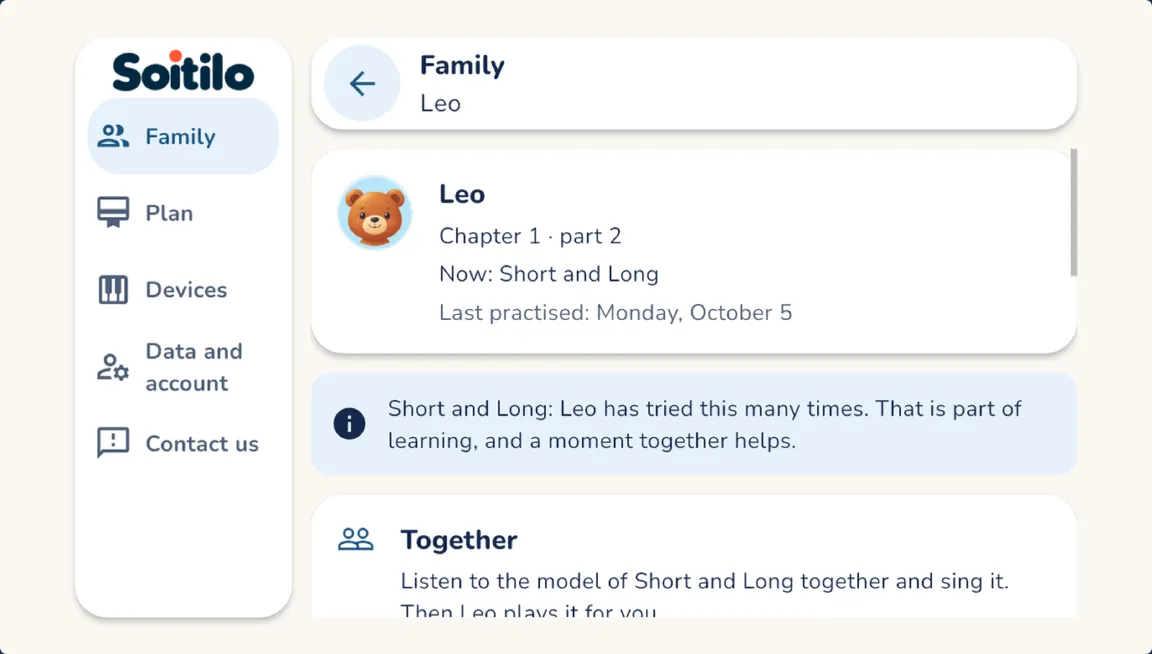 The adult area in the app, with an example learner: chapter, current skill and a tip