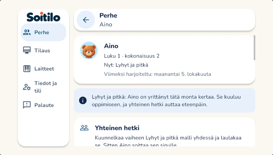 Sovelluksen aikuisen alue esimerkkioppijalla: luku, nykyinen taito ja vinkki