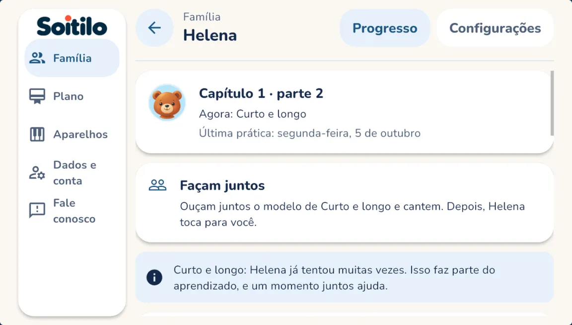 A área dos adultos no app, com um aprendiz de exemplo: capítulo, habilidade atual e uma dica