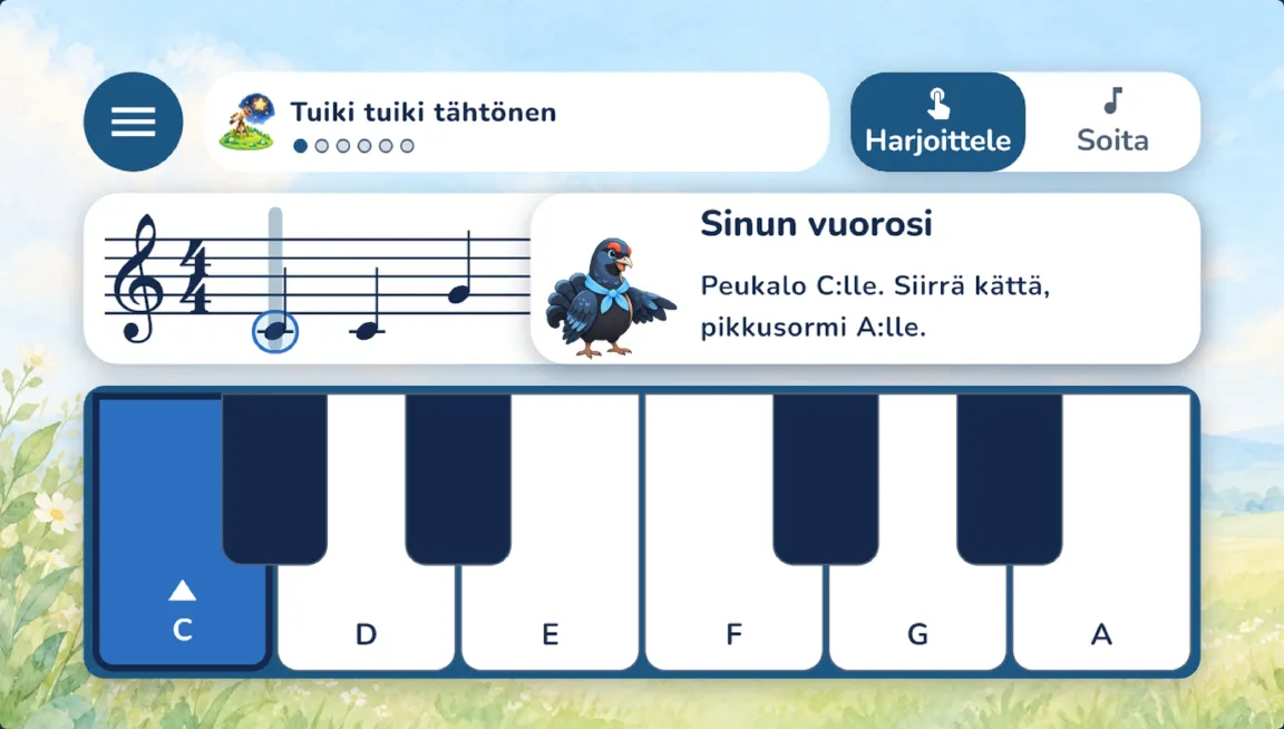 Laulun Harjoittele-vaihe sovelluksessa